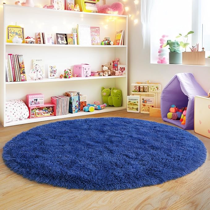 5'x5' Blue Round Rug for Bedroom, Ultra Soft Fluffy Circle Rug for Kids Girls - Image 8