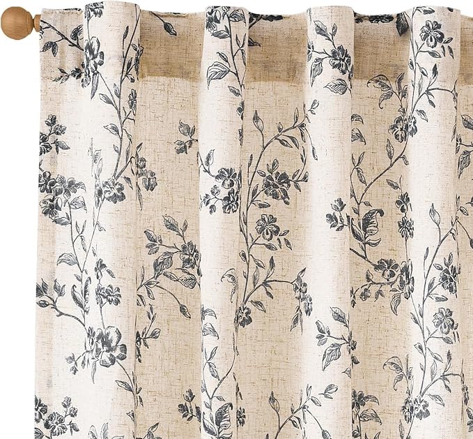 Lazzzy Black Floral Linen Curtains 90 Inch Farmhouse Back Tab Drapes by Lazzzy