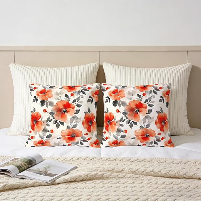 Burnt Orange Watercolor Floral Throw Pillow Covers 18x18 Set of 2, Spring Black - Image 5
