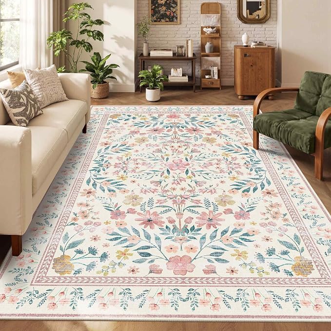 Rugxara Pink Rug for Living Room Bedroom, 5x7 Washable Floral Rug, Vintage Boho by Rugxara