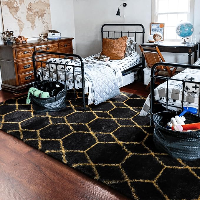 ONASAR 6x9 Area Rugs for Living Room Bedroom, Large Fluffy Black and Gold Throw - Image 7