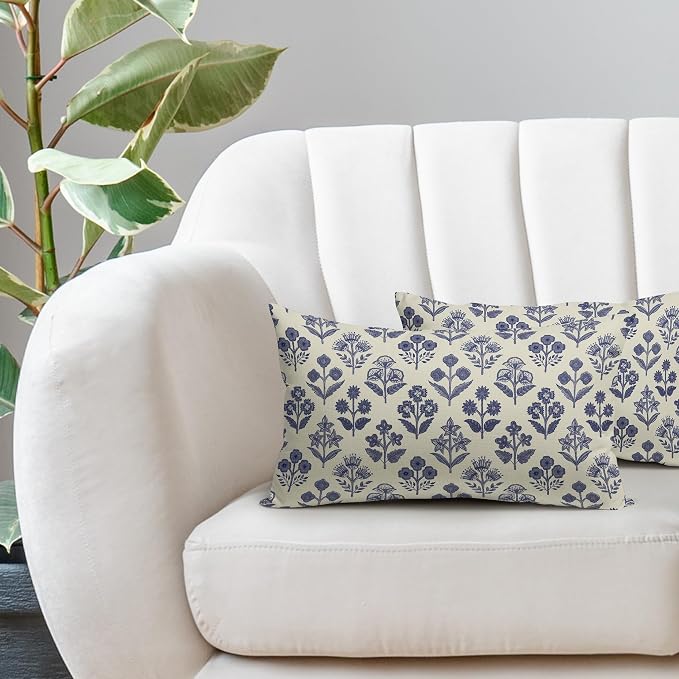 Navy Blue Floral Pillow Covers 12x20 Inch Set of 2, Block Print Lumbar Flower - Image 5