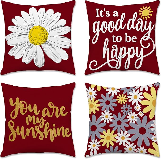 Hexagram Spring Summer Pillow Covers 18x18 Set of 4, Outdoor Floral Daisy by Hexagram