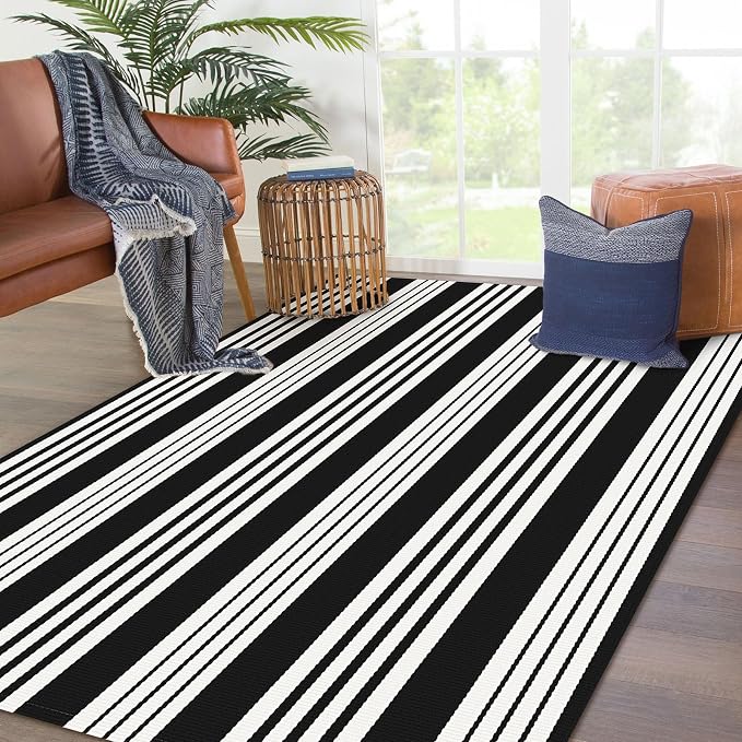 KOZYFLY Black and White Striped Outdoor Rug 4x6 Ft Area Rug Washable Indoor - Image 6