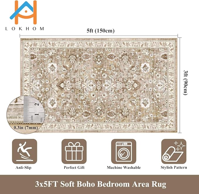 LOKHOM Washable Area Rug, 3x5 Non-Slip Kitchen Area Mat Vintage Living Room Rug - Image 2