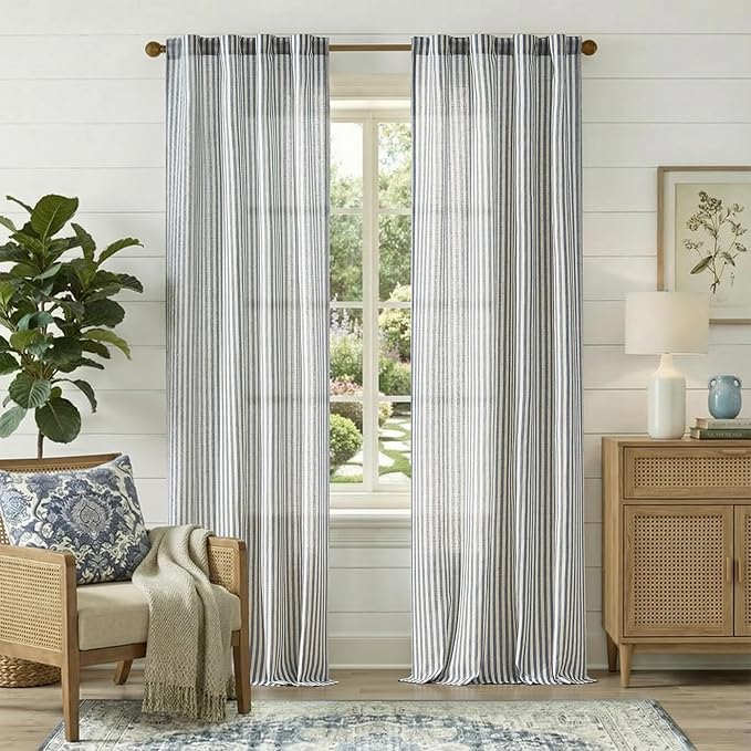 JINCHAN Linen Curtains for Living Room Blue on Beige Striped Curtains for by JINCHAN