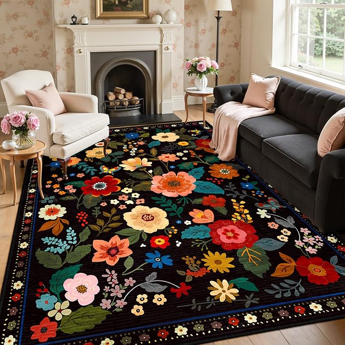 RELEANY Floral Nursery 7x9 Area Rugs Washable Print Boho Cute Carpet Non Slip by RELEANY