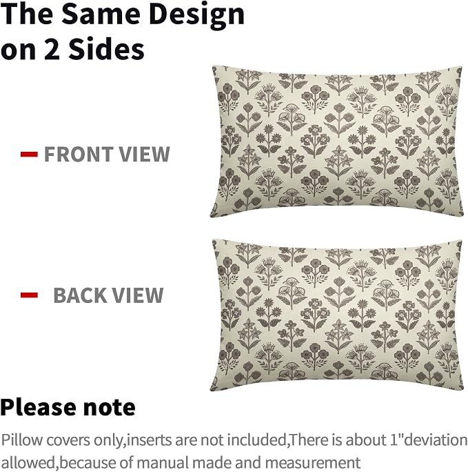 Dark Brown Floral Pillow Covers 12x20 Inch Set of 2, Block Print Lumbar Flower - Image 4