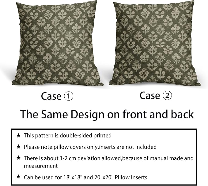 Olive Green Floral Pillow Covers 22x22 Inch Set of 2, Vintage Flower Block - Image 6
