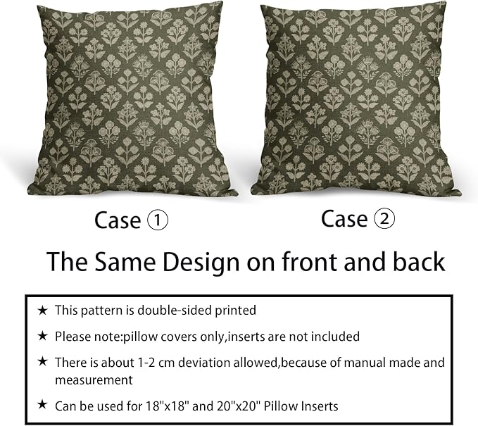 Olive Green Pillow Covers 24x24 Inch Set of 2, Vintage Flower Block Print - Image 6