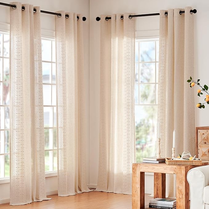 jinchan Boho Curtains for Bedroom Beige Linen Blend Curtains Farmhouse - Image 5