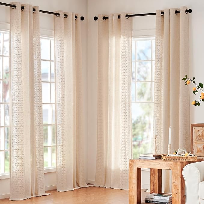 jinchan Boho Curtains for Bedroom Beige Linen Blend Extra Long Curtains for - Image 5