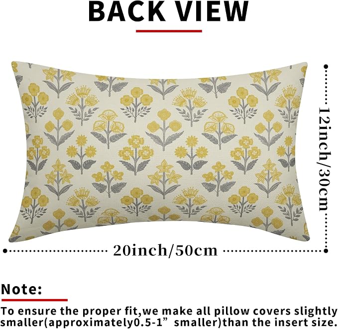 Yellow Grey Gray Floral Pillow Covers 12x20 Inch Set of 2, Block Print Lumbar - Image 3