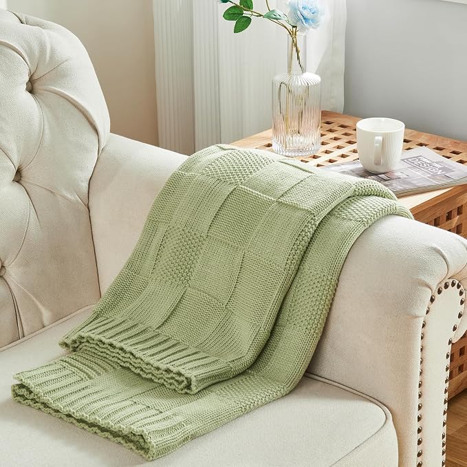 CozeCube Check Knit Throw Blanket, Sage Green Checkered Throw - Image 6