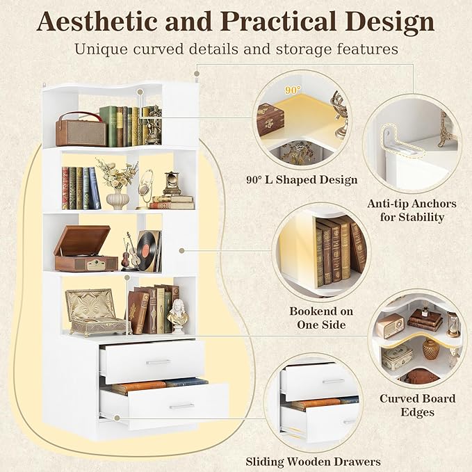 Armocity Corner Bookshelf with Drawers, 7 Tier Corner Book Shelf Display - Image 5