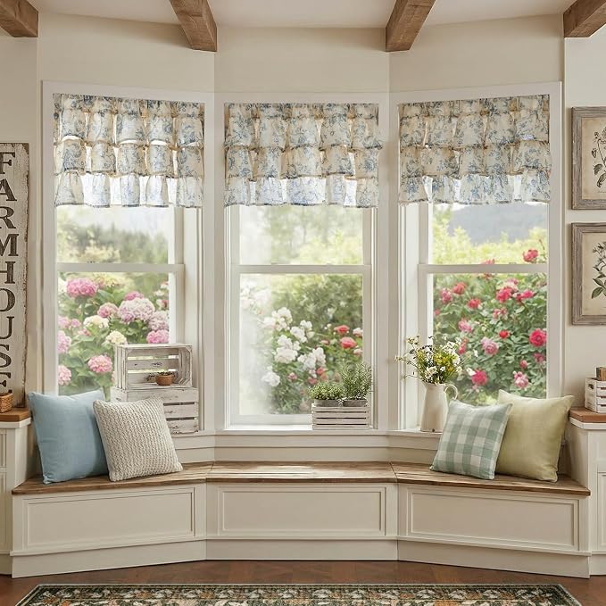 jinchan Amlie Ruffled Floral Valance Curtain Shabby Chic Linen Kitchen Valance - Image 4