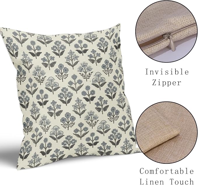 Black Dusty Blue Floral Pillow Covers 22x22 Inch Set of 2, Vintage Flower Block - Image 4