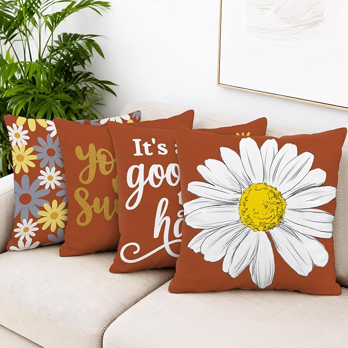 Hexagram Spring Summer Pillow Covers 18x18 Set of 4, Outdoor Floral Daisy - Image 2
