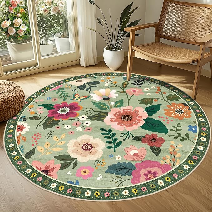 RELEANY Floral Nursery 6ft Area Rugs Washable Print Boho Cute Carpet Non Slip - Image 2
