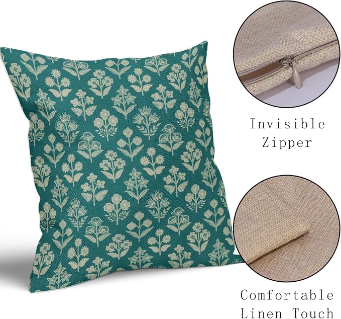 Teal Floral Block Print Pillow Covers 20x20 Inch Set of 2, Vintage Flower - Image 4