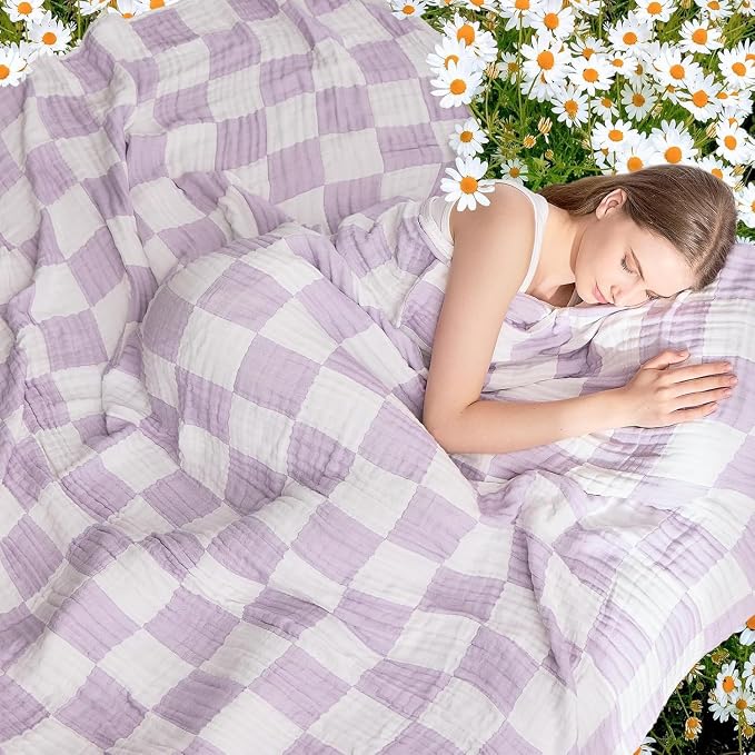 EMME Checkered Cotton Blanket Twin Large 60"x80" 100% Muslin - Image 3