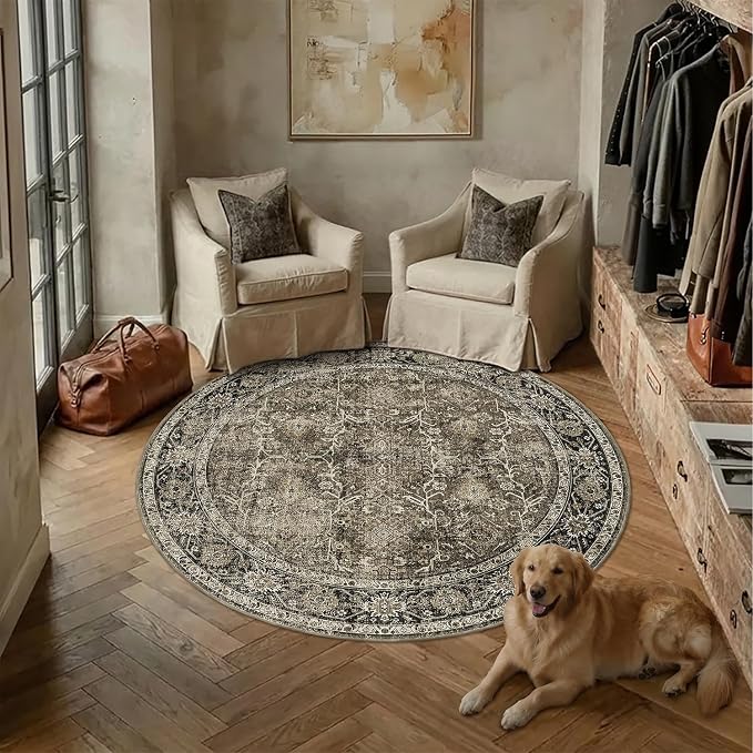 PureCozy Brown Round Area Rug 5ft Washable 5x5 Circle Vintage Low Pile Indoor - Image 3