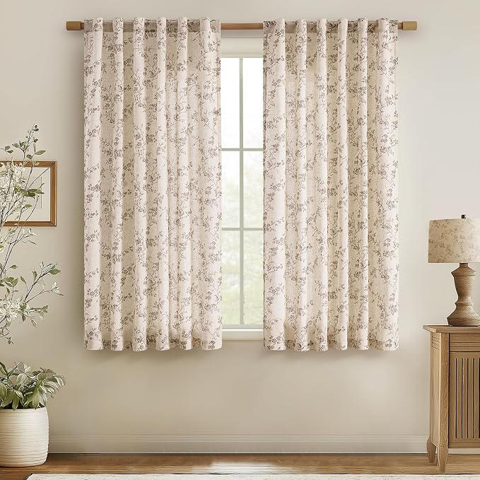 jinchan Linen Floral Curtains for Living Room 63 Inch Length Taupe Printed by JINCHAN