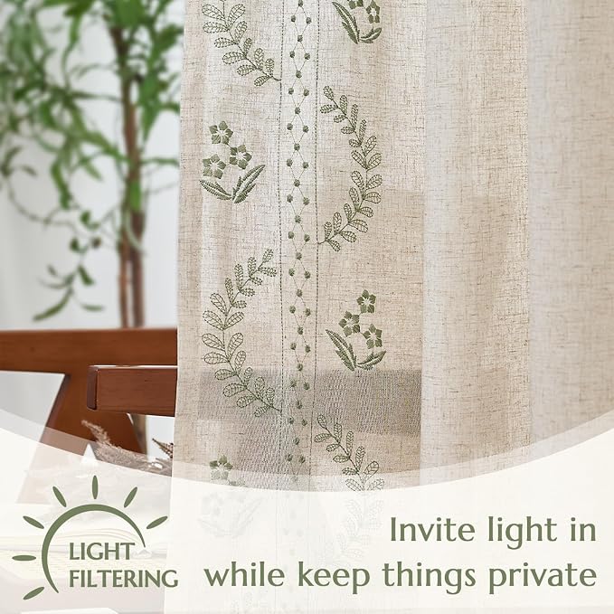 jinchan Belrose Linen Curtains for Bedroom Floral Curtains 90 Inch Length Linen - Image 5