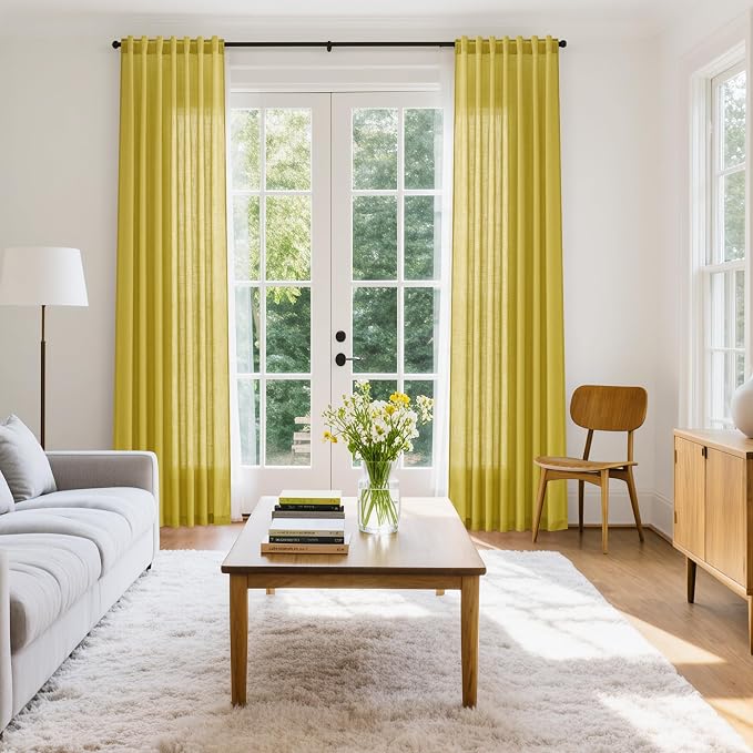 Nanspring Celery Yellow Linen Curtains 90 Inches Long 2 Panel Set Back Tab Rod - Image 8