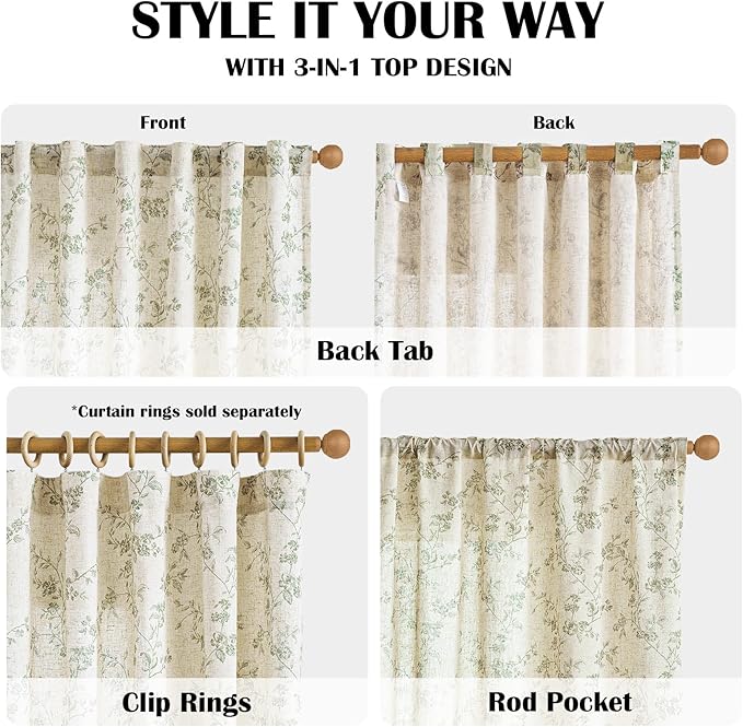 Lazzzy Green Floral Linen Curtains 96 Inch Farmhouse Back Tab Drapes - Image 4