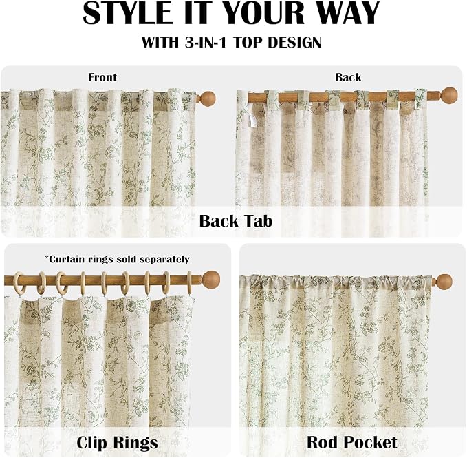 Lazzzy Floral Linen Curtains Farmhouse Extra Long Curtain - Image 5