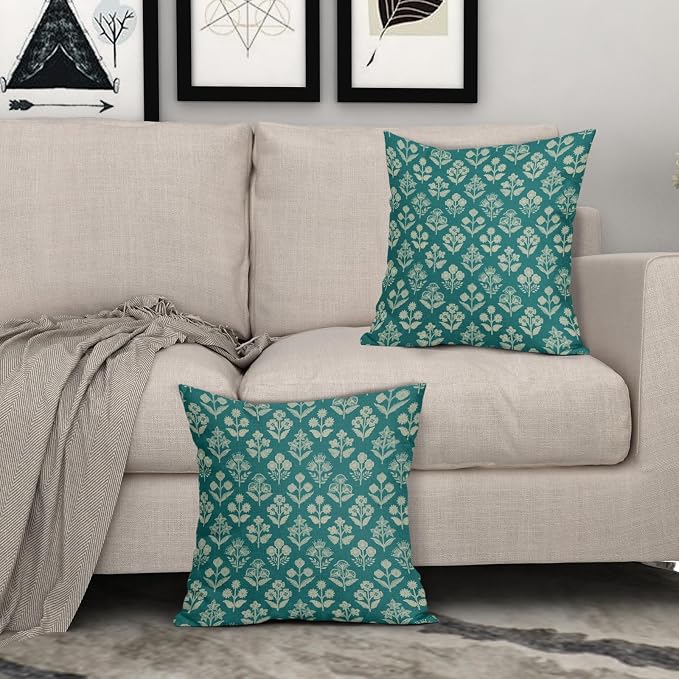 Teal Floral Pillow Covers 22x22 Inch Set of 2, Vintage Flower Block Print - Image 3