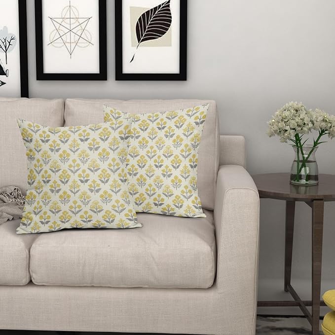 Yellow Grey Gray Floral Pillow Covers 22x22 Inch Set of 2, Vintage Flower Block - Image 7