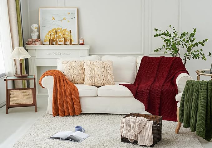 Chunky Cable Knit Throw Blanket Lightweight Wine red 100% Organic Cotton Blanket - Image 7