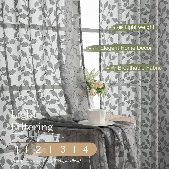 Chyhomenyc Extra Long Charcoal Grey Sheer Curtains 108 Inch Length 2 Panels Set - Image 2