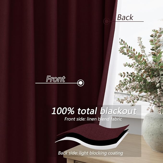 Guken Burgundy 100% Blackout Linen Curtains 84 Inch Length 2 Panels Set - Image 4
