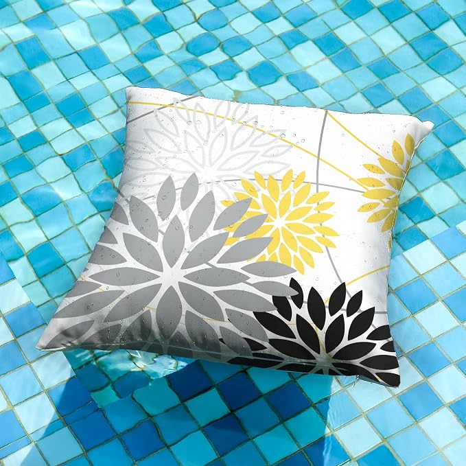 Grey and Yellow black Floral Pillow Covers 16x16 Set of 2 Outdoor Waterproof - Image 4
