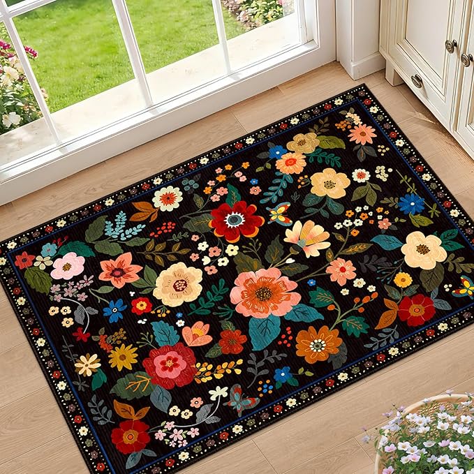 RELEANY Floral Nursery 2x3 Area Rugs Washable Print Boho Cute Carpet Non Slip by RELEANY