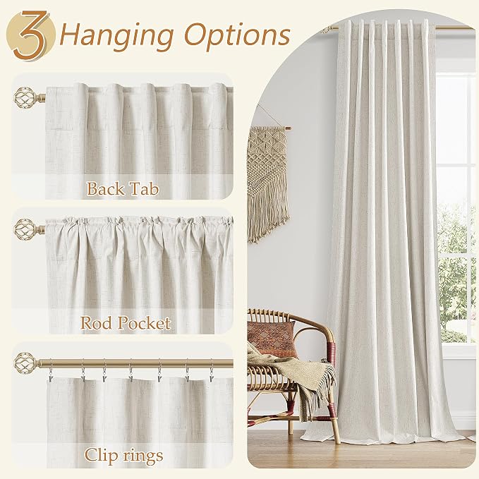 Guken 102 Inches Extra Long Boho 100% Blackout Linen Curtains 2 Panels Set - Image 6