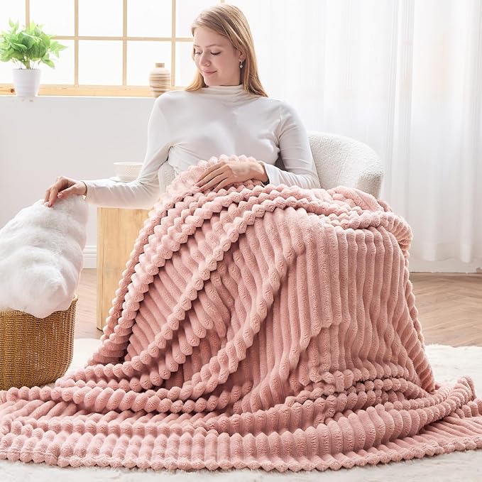 NEWCOSPLAY Super Soft Throw Blanket Pink Premium Silky Flannel Fleece 3D Ribbed - Image 6