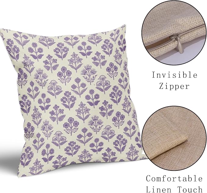 Purple Floral Block Print Pillow Covers 20x20 Inch Set of 2, Vintage Flower - Image 4