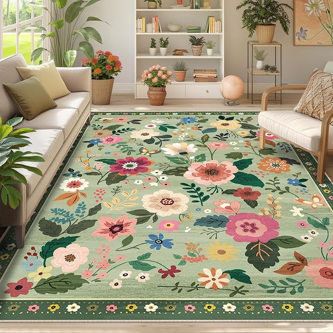 RELEANY Floral Nursery 6x9 Area Rugs Washable Print Boho Cute Carpet Non Slip by RELEANY