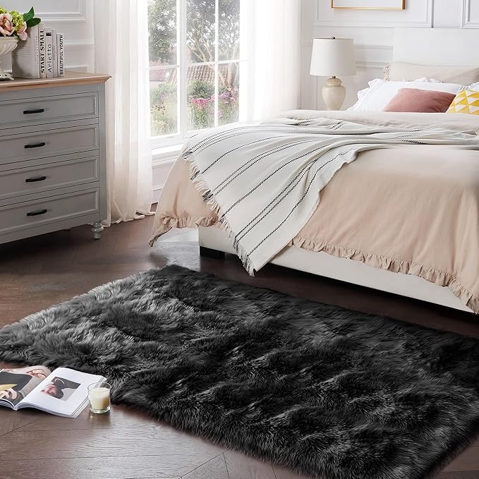SERISSA Soft Fluffy Area Rug, Coal Black Faux Sheepskin Fur Rug, Shaggy Rug - Image 2