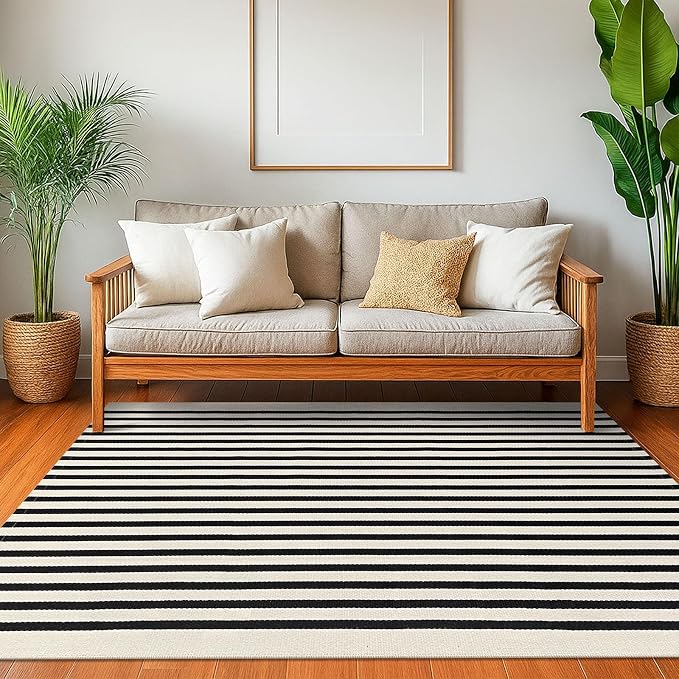 KOZYFLY Black and Beige Striped Rug 4x6 Ft Area Rug Washable Indoor Outdoor Rug - Image 2
