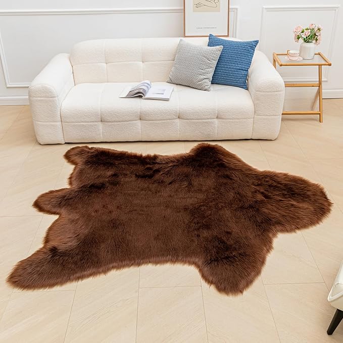 Brown Bear Rug Faux Cowhide Rug Animal Print Area Rug Faux Sheepskin Fur Carpet - Image 3