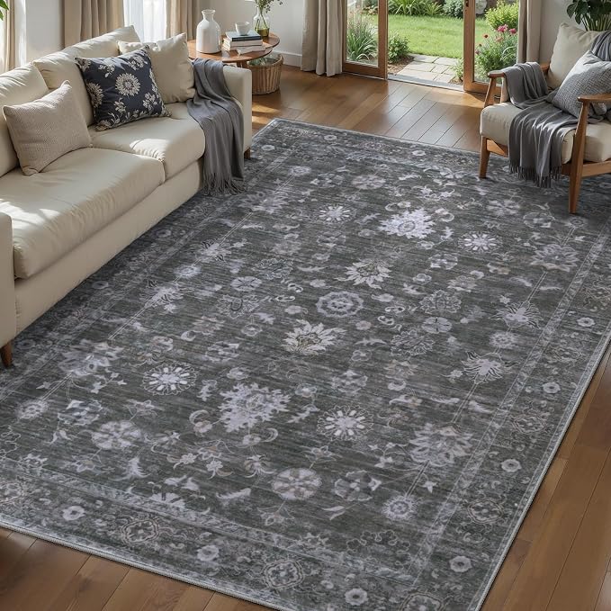 Tangsoo 5x7 Grey Rug for Living Room Non Slip, Washable Vintage Gray Floral Rug by Tangsoo