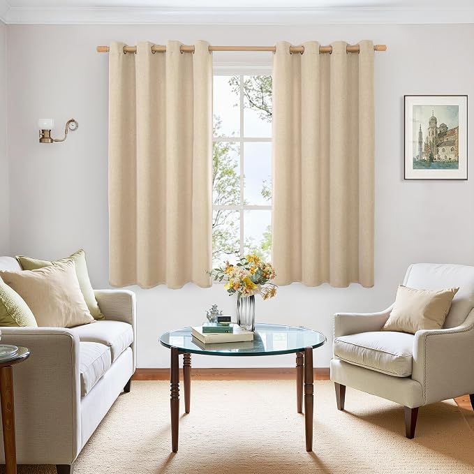 BGment 45 Inch Length Beige Linen Curtains 45 Inch Length, Thick Short Window - Image 3