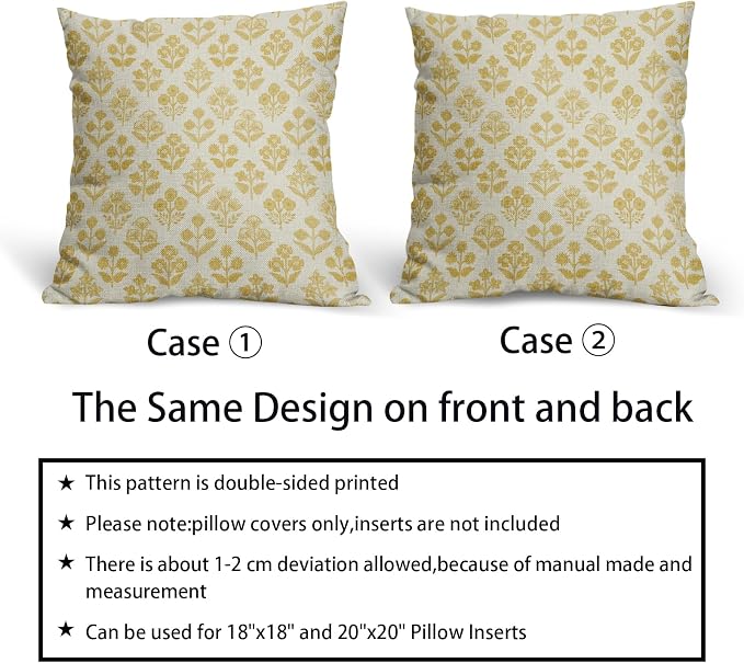 Yellow Floral Pillow Covers 18x18 Inch Set of 2, Vintage Flower Block Print - Image 6