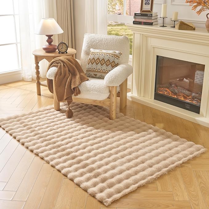 Lotus Karen Fluffy Khaki Rug for Living Room Bedroom, 4x6 Big Bubble Plush shag - Image 2