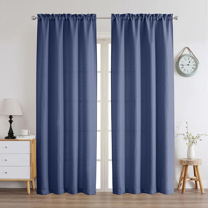 Chyhomenyc Blue Curtains 72 Inch Length 2 Panels Set, Faux Linen Textured Semi - Image 2